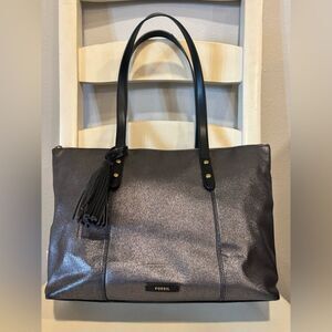 Fossil Metallic Gray Tote Bag Black Straps Tassel Accent